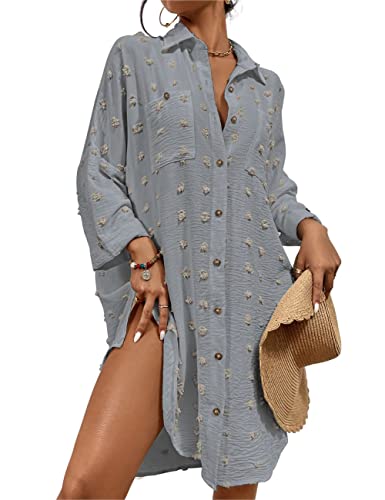 Bsubseach Frauen Badeanzug Cover Ups für Bademode Schweizer Dot Strand Shirt Button Down Cover Up Kleid hellgrau von Bsubseach