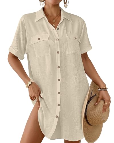 Bsubseach Frauen Badeanzug Coverup Button Down Badeanzug Cover Up für Bademode Sommer Strand Shirt Kleider Resort Wear Aprikose XL von Bsubseach