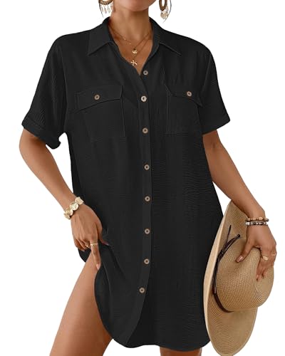 Bsubseach Frauen Badeanzug Coverup Button Down Badeanzug Cover Up für Bademode Sommer Strand Shirt Kleider Resort Wear Schwarz L von Bsubseach