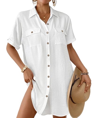 Bsubseach Frauen Badeanzug Coverup Button Down Badeanzug Cover Up für Bademode Sommer Strand Shirt Kleider Resort Wear Weiß L von Bsubseach