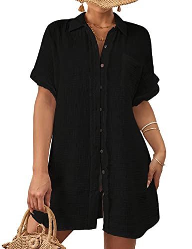 Bsubseach Frauen Badeanzug Coverup Button Down Badeanzug Cover Ups für Bademode Kurzarm Bikini Strand Shirt Schwarz XL von Bsubseach