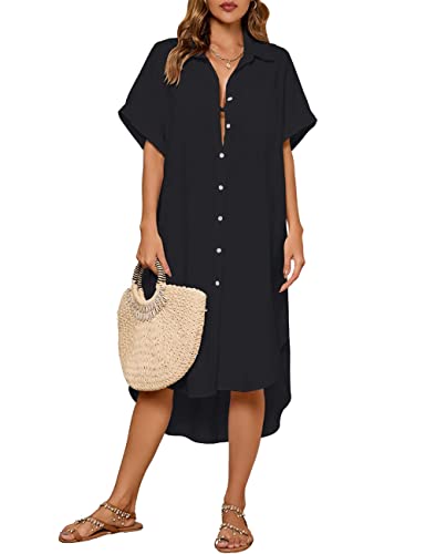 Bsubseach Frauen Button Down Shirt Badeanzug Cover Up Strand Coverup Bluse Tunika Kleid Schwarz L von Bsubseach