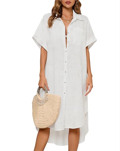 Bsubseach Frauen Button Down Shirt Badeanzug Cover Up Strand Coverup Bluse Tunika Kleid Weiß S von Bsubseach