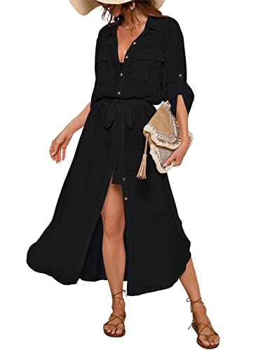 Bsubseach Frauen Button Down Shirt Kleid Langarm Badeanzug Coverup mit Kordelzug Beachwear Schwarz von Bsubseach