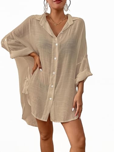 Bsubseach Frauen Button Down Strand Shirt Cover Up für Bademode Bluse Tops Aprikose L von Bsubseach