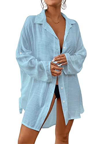 Bsubseach Frauen Button Down Strand Shirt Cover Up für Bademode Bluse Tops Blau von Bsubseach