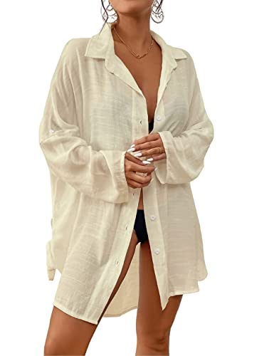 Bsubseach Frauen Button Down Strand Shirt Cover Up für Bademode Bluse Tops Elfenbein weiß von Bsubseach