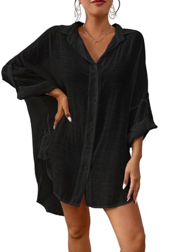 Bsubseach Frauen Button Down Strand Shirt Cover Up für Bademode Bluse Tops Schwarz M von Bsubseach