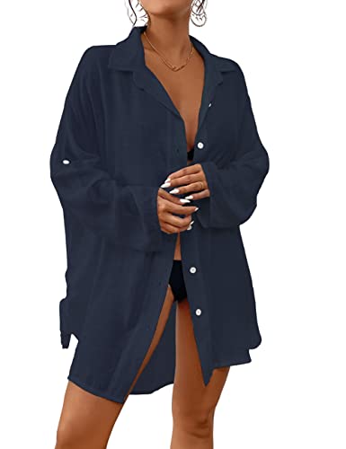 Bsubseach Frauen Button Down Strand Shirt Cover Up für Bademode Bluse Tops Tinte Blau von Bsubseach