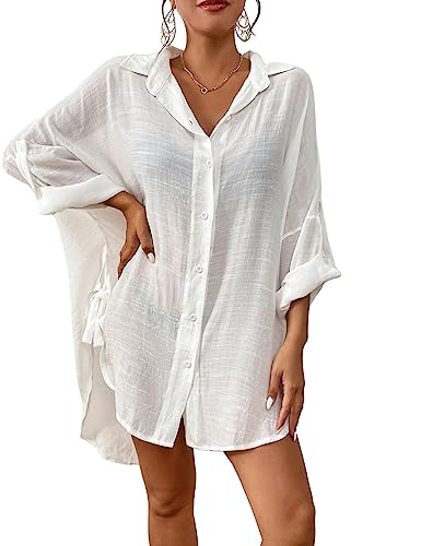 Bsubseach Frauen Button Down Strand Shirt Cover Up für Bademode Bluse Tops Weiß XL von Bsubseach