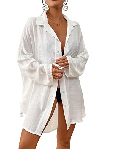 Bsubseach Frauen Button Down Strand Shirt Cover Up für Bademode Bluse Tops Weiß von Bsubseach