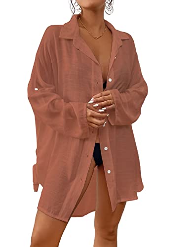 Bsubseach Frauen Button Down Strand Shirt Cover Up für Bademode Bluse Tops Ziegel Rot von Bsubseach