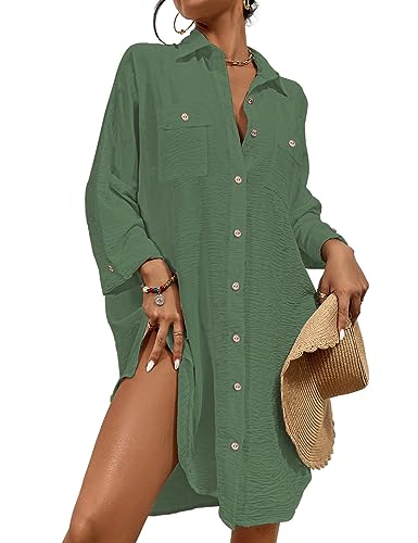 Bsubseach Frauen Coverups für Swimwear Button Down Shirt Kleid Strand Cover Up Sommer Bluse Grün M von Bsubseach