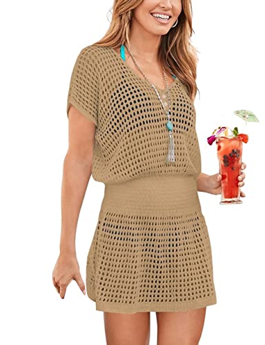 Bsubseach Frauen Crochet Cover Up Beachwear Badeanzug Coverups für Bademode Strand Hollow Out Tunika Kleid Khaki von Bsubseach