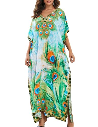 Bsubseach Frauen Floral Print Strand Kaftan Kleid Sommer Halbarm Badeanzug Cover Up Bademode Pfau Federn von Bsubseach