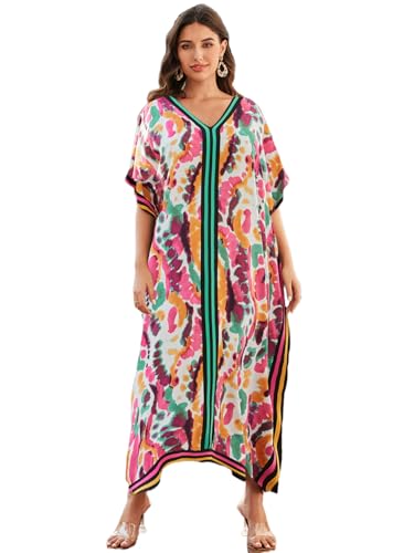 Bsubseach Frauen Floral Print Strand Kaftan Kleid Sommer Halbe Ärmel Badeanzug Cover Up Bademode Rose Rot von Bsubseach