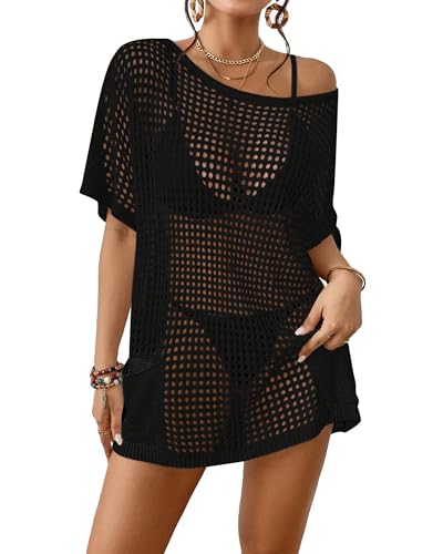 Bsubseach Frauen Häkeln Badeanzug Cover Up Halbe Ärmel Hohlen aus Stricken Strandkleid Badeanzug Cover Ups mit Taschen Schwarz XL von Bsubseach