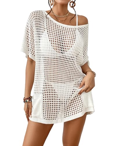 Bsubseach Frauen Häkeln Badeanzug Cover Up Halbe Ärmel Hohlen aus Stricken Strandkleid Badeanzug Cover Ups mit Taschen Weiß M von Bsubseach