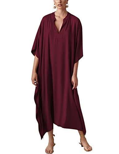 Bsubseach Frauen Jujube Rot Seiden Kaftan Kleider Batwing Ärmel Badeanzug Cover Up V Hals Kaftan Maxi Kleid Sommer von Bsubseach