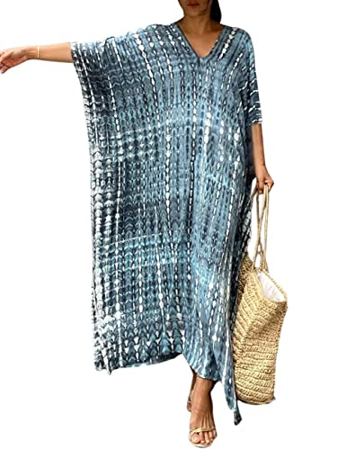 Bsubseach Frauen Kaftan Kleider Halbe Ärmel Plus Größe Badeanzug Cover Ups Tie Dye Kaftan Kleider Blau Grau von Bsubseach