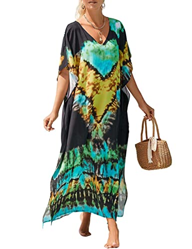 Bsubseach Frauen Kaftankleider V-Ausschnitt Kaftan Loungewear Beach Cover Up Urlaubskleid Resort Wear Grün Gelb von Bsubseach