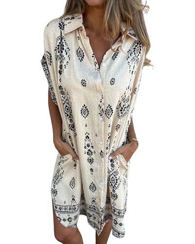 Bsubseach Frauen Kleid Gefüttert Button Down Floral Print Kurzarm Sommer Casual Shirt Kleid Aprikose S von Bsubseach