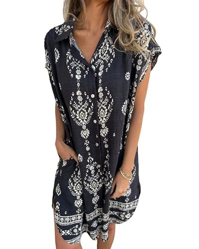 Bsubseach Frauen Kleid Gefüttert Button Down Floral Print Kurzarm Sommer Casual Shirt Kleid Schwarz M von Bsubseach
