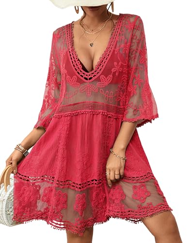 Bsubseach Frauen Kontrast Spitze Badeanzug Abdeckung Up V-Ausschnitt Bikini Badeanzug Abdeckung Up Kleid Strand Outfits Rosa von Bsubseach