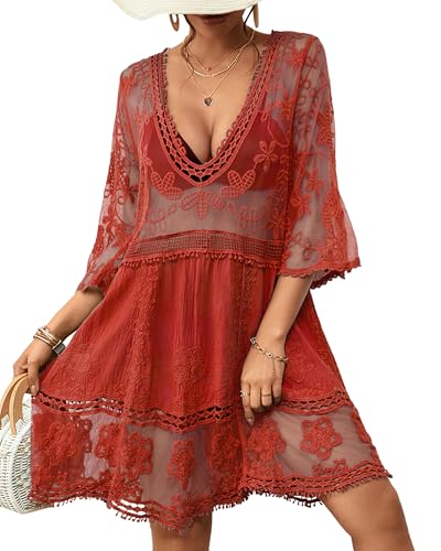 Bsubseach Frauen Kontrast Spitze Badeanzug Abdeckung Up V-Ausschnitt Bikini Badeanzug Abdeckung Up Kleid Strand Outfits Rot von Bsubseach