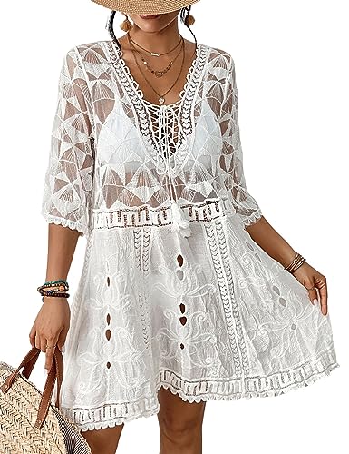 Bsubseach Frauen Kontrast Spitze Badeanzug Cover Up V-Ausschnitt Bikini Strand Coverup Kleid Sommer Outfits Weiß von Bsubseach