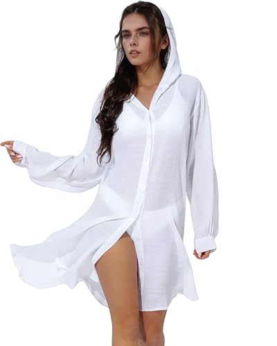 Bsubseach Frauen Lange Ärmel Strand Shirt solide Farbe Sonne Schutz Hoodie Badeanzug Cover Ups Weiß von Bsubseach