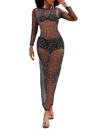 Bsubseach Frauen Lange Badeanzug Cover Up Sehen Durch Mesh Strass Coverup Kleid Seite Split Strand Cover Ups Schwarz L von Bsubseach