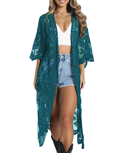 Bsubseach Frauen Mesh Strickjacke Bikini Strand Kimono Open Front Badeanzug Cover Ups Bademode Peacock Blau von Bsubseach