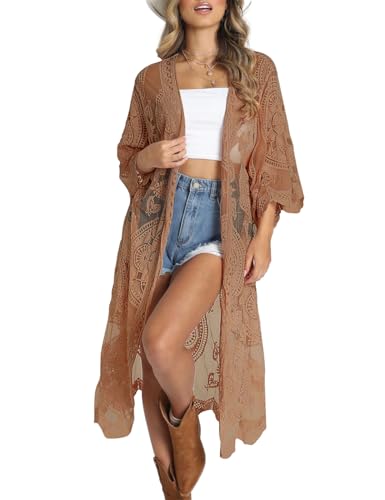 Bsubseach Frauen Mesh Strickjacke Spitze Strand Kimono Open Front Badeanzug Cover Ups Bikini Bademode Braun von Bsubseach