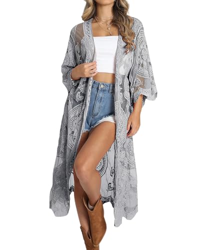 Bsubseach Damen Mesh Lace Beach Kimono Cardigan Open Front Strandponcho Bademode E-Grau von Bsubseach