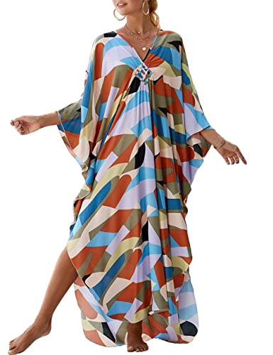 Bsubseach Damen V-Ausschnitt Kaftan Strandkleid Boho Floral Lange Plus Größe Pareos Lose Tunika Maxikleid Farbige Geometrie von Bsubseach