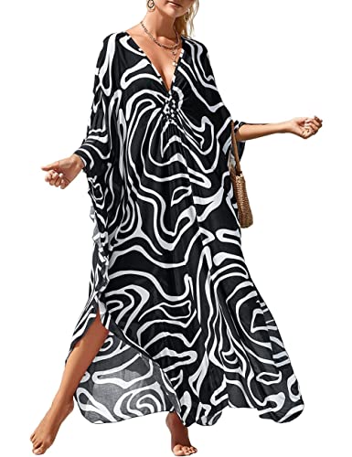 Bsubseach Frauen Plus Größe Kaftan Kaftankleider Bohemia Badeanzug Cover Up Tropical Resort Wear Schwarz Weiß von Bsubseach