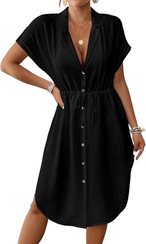 Bsubseach Frauen Sommer Badeanzug Cover Up für Bademode Button Down Short Sleeve Shirt Kleid mit Krawatte Taille Schwarz XXL von Bsubseach