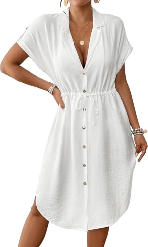 Bsubseach Frauen Sommer Badeanzug Cover Up für Bademode Button Down Short Sleeve Shirt Kleid mit Krawatte Taille Weiß XL von Bsubseach