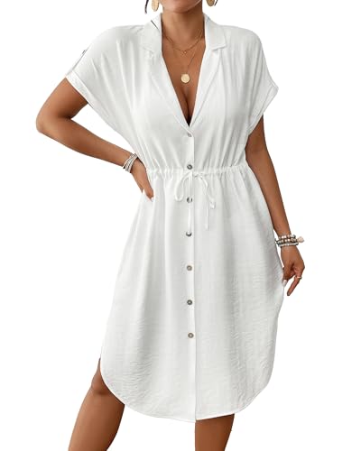 Bsubseach Frauen Sommer Badeanzug Cover Up für Bademode Button Down Short Sleeve Shirt Kleid mit Krawatte Taille Weiß XXL Bsubseach Frauen Sommer Badeanzug Cover Up für Bademode Button Down Short Sleeve Shirt Kleid mit Krawatte Taille Weiß XXL von Bsubseach