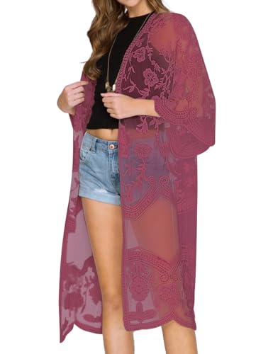 Bsubseach Frauen Spitze Bestickt Strand Kimono Strickjacke für Sommer Sexy Mesh Badeanzug Cover Ups Dark Rosy von Bsubseach