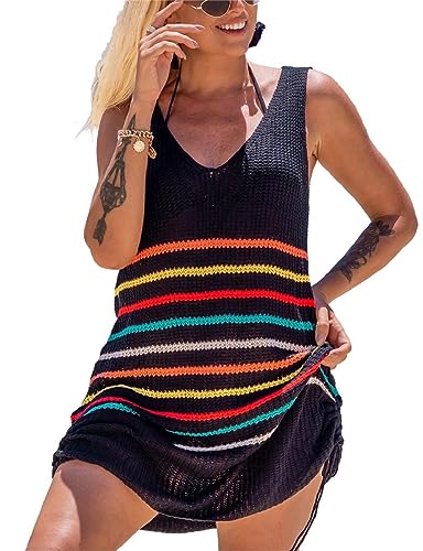 Bsubseach Frauen Strand Cover Up Badeanzug Cover Up Kleid Häkeln Cover Ups für Bademode Frauen Bunte Streifen von Bsubseach