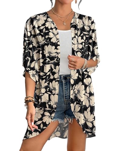 Bsubseach Frauen Tie Dye Kimono Strickjacke Lose Strand Cover Up Halbe Ärmel Bademode Bikini Cover Up Schwarz von Bsubseach