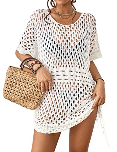 Bsubseach Frauen Häkeln Badeanzug Cover Up Hollow Out Bikini Bademode Strand Kleid Stricken Badeanzug Cover Ups Sommer Outfits Weiß von Bsubseach