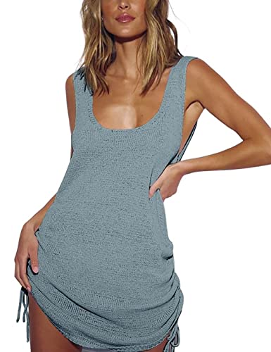 Bsubseach Damen Häkeln Rückenlose Bikini Strandkleid Sommer U-Ausschnitt Gestrickte Strand Tank Kleid Blau Grau von Bsubseach