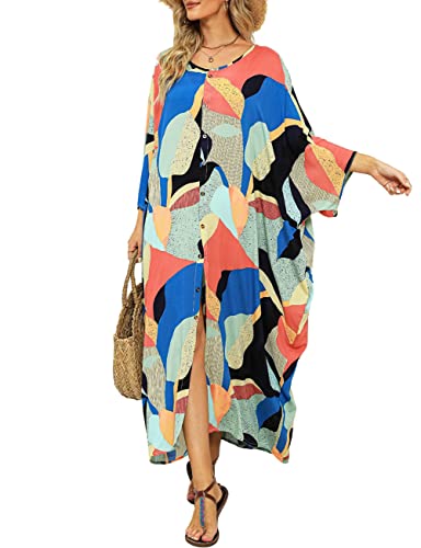 Bsubseach Frauen lose Badeanzug Cover Up Button Down Kimonos Strand Resort tragen Kleid Block Print Blau von Bsubseach