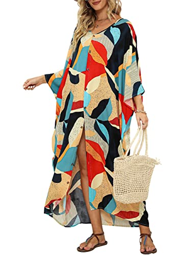 Bsubseach Frauen lose Badeanzug Cover Up Button Down Kimonos Strand Resort tragen Kleid Block Print Gelb von Bsubseach