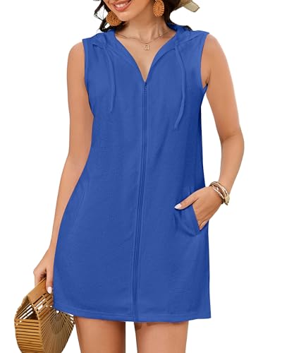 Bsubseach Frottee Cover Up Frauen mit Kapuze Badeanzug Coverup Reißverschluss Strand Coverups ärmellose Bademäntel mit Taschen Blau M von Bsubseach