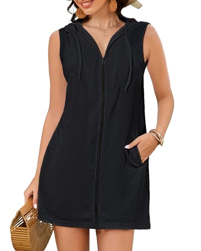 Bsubseach Frottee Cover Up Frauen mit Kapuze Badeanzug Coverup Reißverschluss Strand Coverups ärmellose Bademäntel mit Taschen Schwarz L von Bsubseach