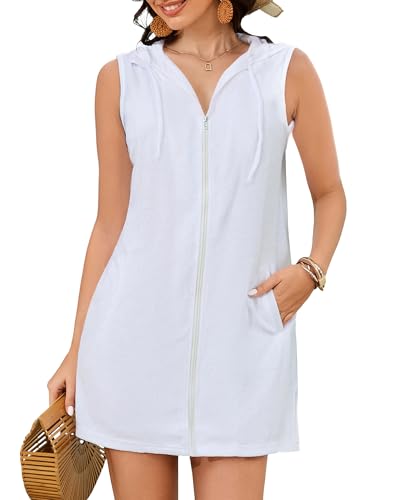 Bsubseach Frottee Cover Up Frauen mit Kapuze Badeanzug Coverup Reißverschluss Strand Coverups ärmellose Bademäntel mit Taschen Weiß S von Bsubseach